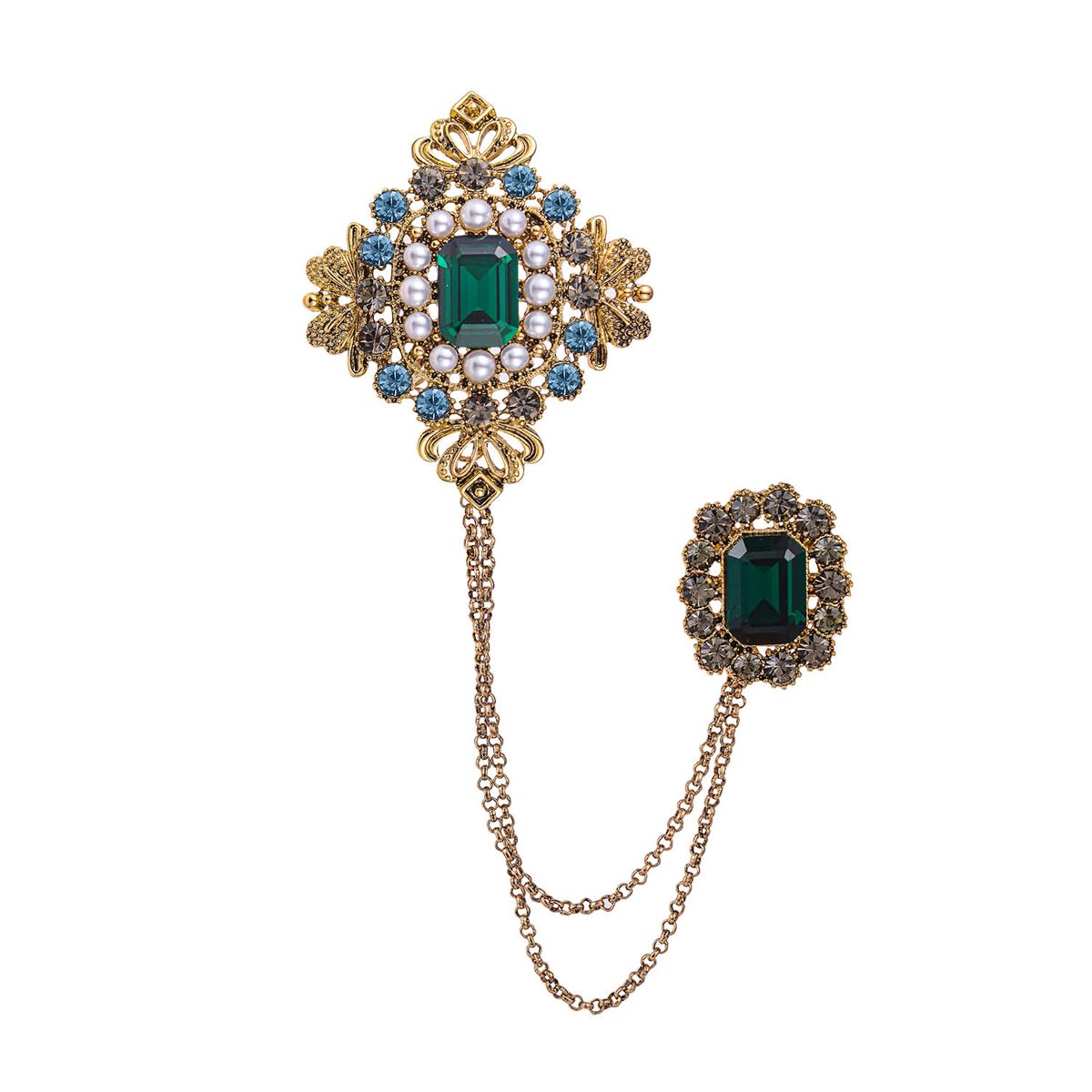 SANNIDHI Rhinestone Brooch Emerald Setting Sherwani Brooch Pins for Coat/Robe/Gown/Shawl, Saree Brooch for Women Heavy Duty Zinc Alloy Chain Brooch for Men Brooch, Gold SANNIDHI Rhinestone Brooch Emerald Setting Sherwani Brooch Pins for Coat/Robe/Gown/Shawl, Saree Brooch for Women Heavy Duty Zinc Alloy Chain Brooch for Men Brooch, Gold